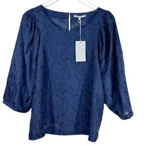 OLIVER BONAS Navy Blue Textured Flowy Blouse with Puff Sleeve Size 12